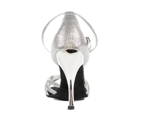 Lidmags 584 Tanzschuhe: Silberne Glitzer-High-Heels mit Wildledersohle, von hinten gesehen.